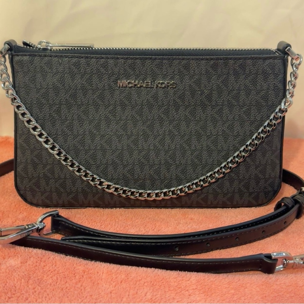 Authentic Michael Kors Black Crossbody Bag with Silver Chain & Adjustable Strap